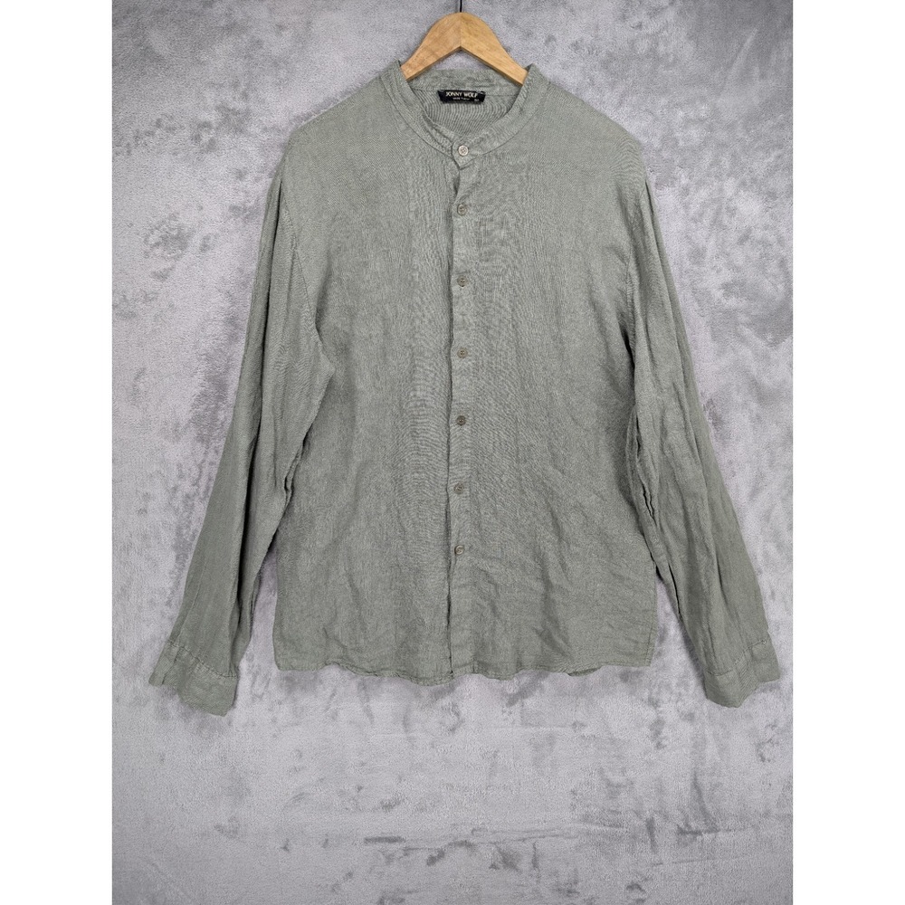 JONNY WOLF Made in Italy 100% Linen XXL Grandad Band Collar Shirt Sage Green EUC